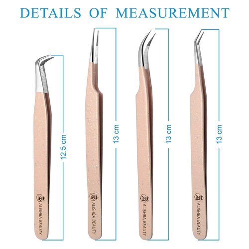 LUMESS Alishba Beauty Eyelash Extension Tweezers, Precision Fiber Tip Grip Japanese Stainless Steel (Set of 4 Eyelash Tweezer) (GLITTER PEACH PINK)