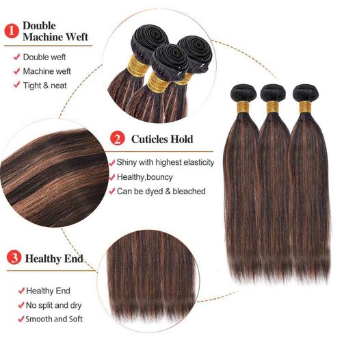Dokksiiia Highlight Light Brown Bundles Human Hair P1B/30 1B and Light Brown Mix Straight Bundles Double Weft Brazilian Human Hair Sew-In Extensions Soft & Thick 8/10/12 Inch