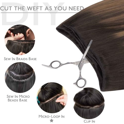 WENNALIFE Sew in Hair Extensions Real Human Hair, Weft Hair Extensions Human Hair 16 Inch 80g Balayage Dark Brown to Chestnut Brown Hand Tied Weft Straight Extensiones De Cabello Hmano
