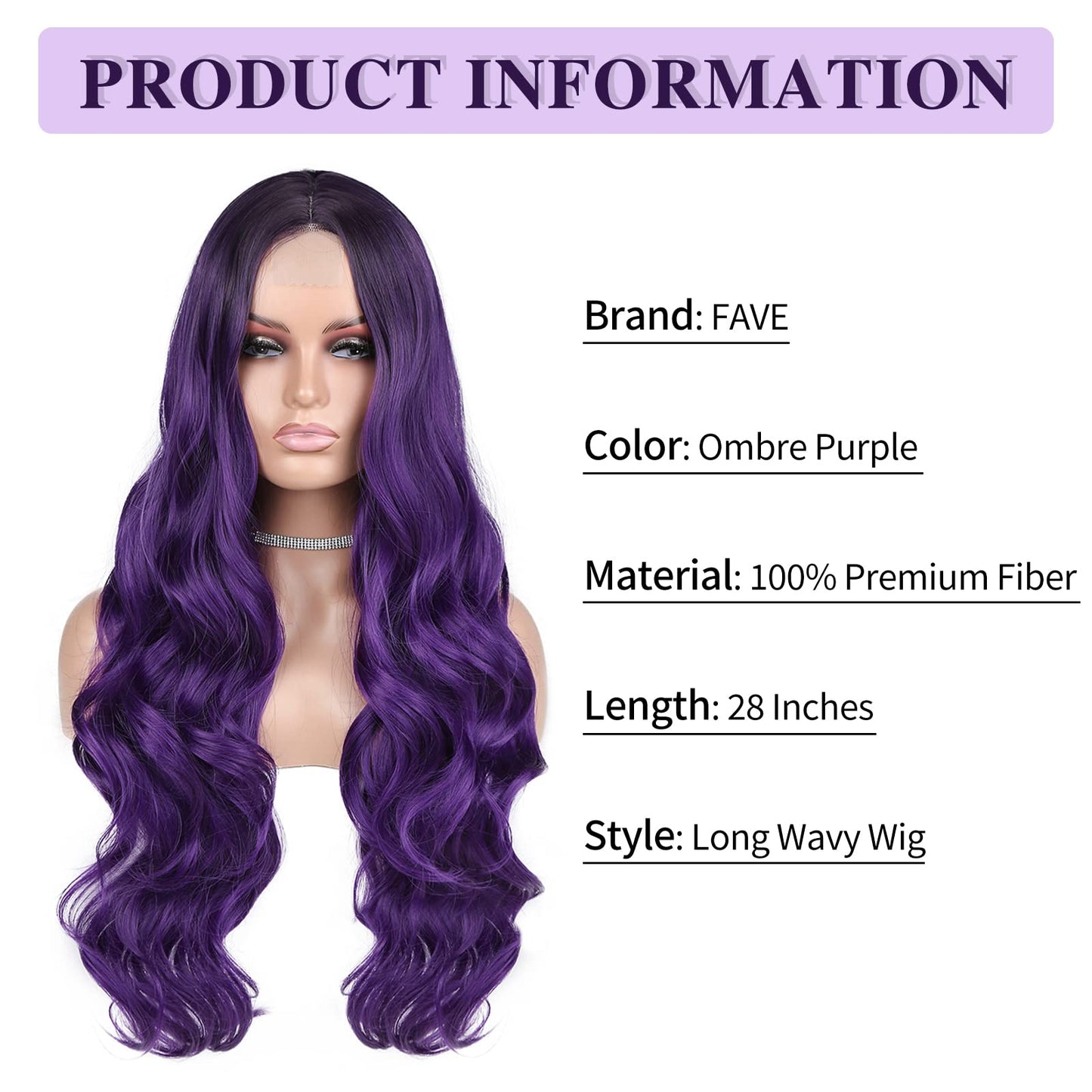 FAVE Ombre Wig Purple Wig Long Curly Wavy Wig Heat Resistant Synthetic Wig Dark Roots Puple Wigs for Women Daily Party Cosplay