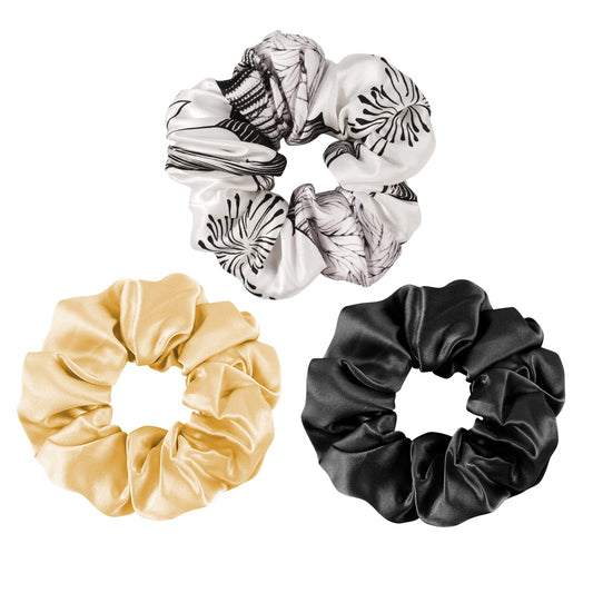 OLESILK 100% Silk-Scrunchie for Women, Silk-Hair-Scrunchies for Curly Hair, Silk Hair Ties, Elastics Ponytail Holder, 3 Piece, Black, Gold, Black and White Floral