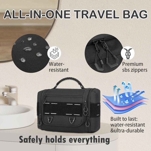 BISKLNDN Toiletry Bag for Men - Tactical Hanging Toiletry Travel Bag Shower Bathroom Organizer for Cosmetics/Shaving/Traveling Toiletries Kit, Portable Case with Handle & Swivel Hook, Black