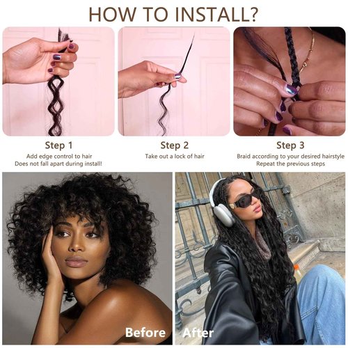 Human Braiding Hair for Boho Braids Deep Water Wave Crochet Hair Extensions Boho Hair for Braiding 12A 110g 2 Bundles/Pack Natural Color Pre-Stretched 16 Inch