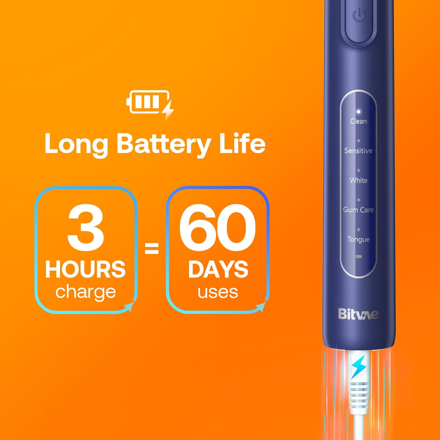 Bitvae R1 Rotating Electric Toothbrush with 8 Brush Heads for Adults and Kids, 60-Day Battery Life, 5 Modes Rechargeable Power Toothbrush with 2-Minute Smart Timer, Dark Blue