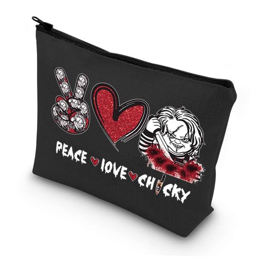 LEVLO Horror Movie Cosmetic Bag Horror Bride Fans Gifts Peace Love Movie Makeup Zipper Pouch Bag For Andy & Mike Fans (Peace Chuc Black)