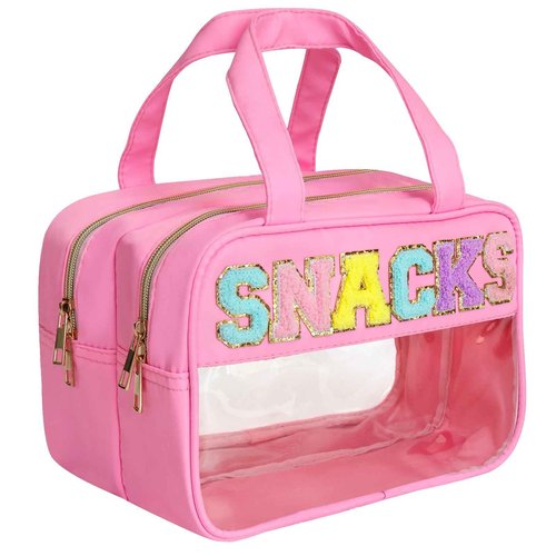 Sweet Lion Chenille Letter Clear Large Makeup Bag, Preppy Cosmetic Bag with Zipper, Stuff Bag Waterproof Travel Toiletry Bag Cosmetic Pouch for Women Girls (Pink-SNACKS)
