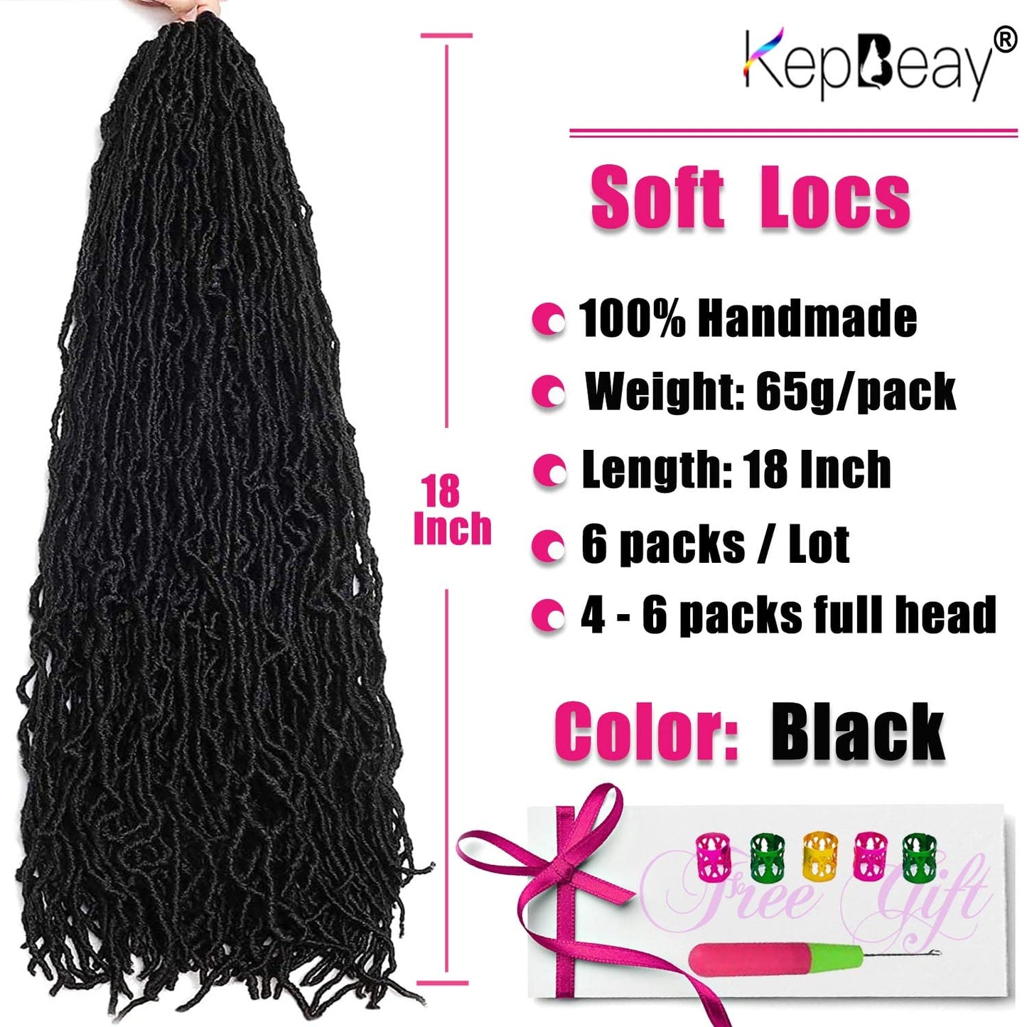 18 Inch Faux Locs Crochet Hair 6 Packs Soft Locs Pre Looped Crochet Hair Natrual Black Color Synthetic Hair Extension for Women(18Inch, 1B)