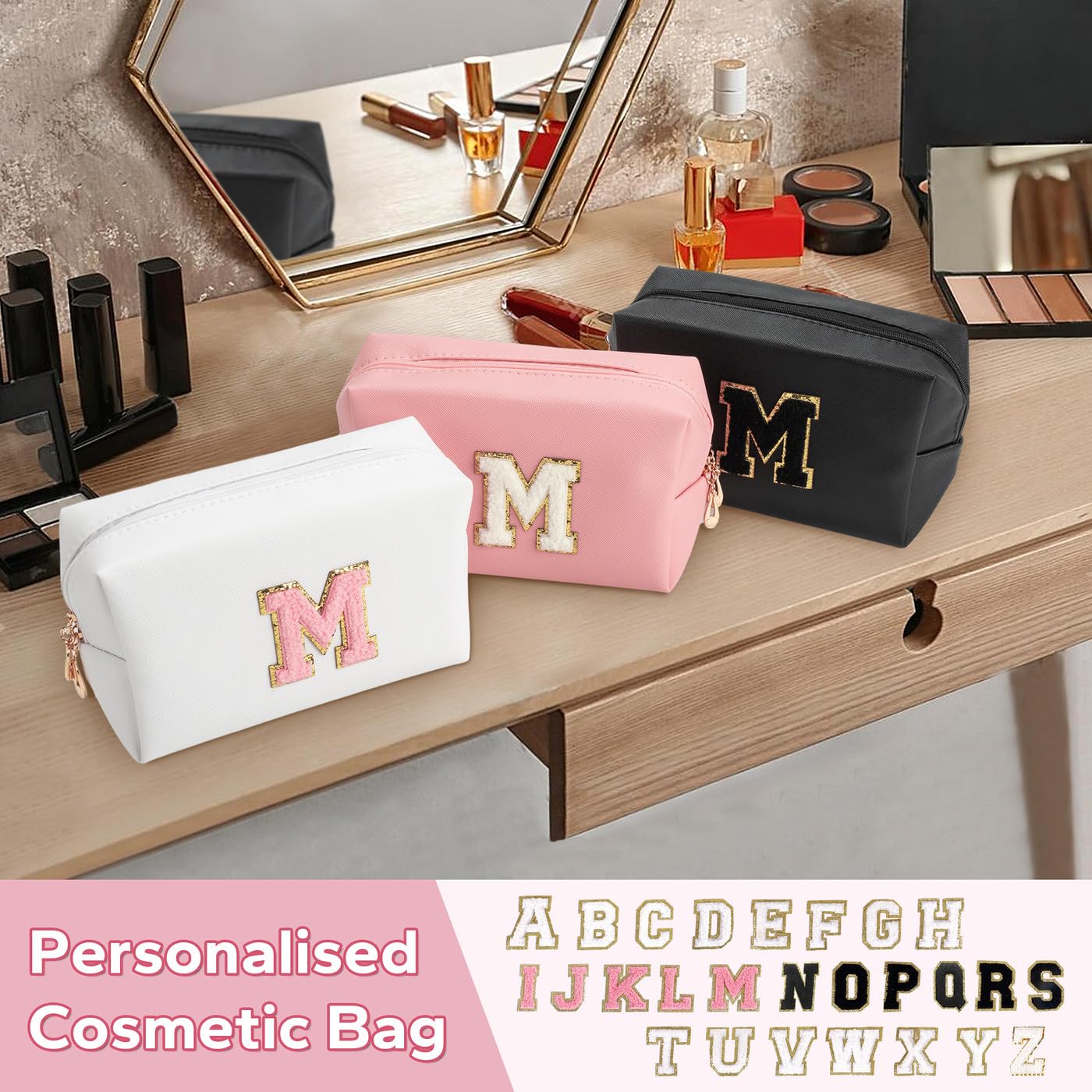 TURMINUS Personalized Initial Travel Makeup Bag Small Cute Preppy Cosmetic Bag Waterproof PU Make Up Bag with A-Z Letter Makeup Pouch for Women Girls(White,Small E)