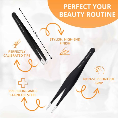 Tweezers Set: Stainless Steel Pointed and Slanted Tweezer for Eyebrows, Facial Hair, Ingrown Hairs and splinters. (2PCS)
