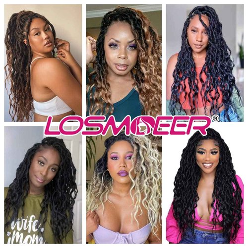 LOSMOEER 6 Packs Faux Locs Crochet Hair 24 Inch Soft Locs Crochet Braid Pre Looped Goddess Locs Crochet Hair for Women Queen Locs Crochet Braids with Curly Ends Synthetic Braiding Hair Extensions