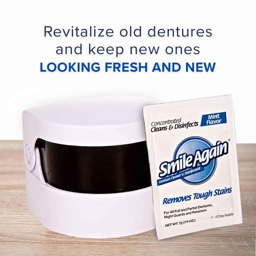 Smile Again Care Kit, Denture, Retainer & Aligner Care and Cleaning Bundle with Ultrasonic Denture & Retainer Cleaner, Brush, Denture Cleaning Solution, and Informational Brochure, Pack of 3