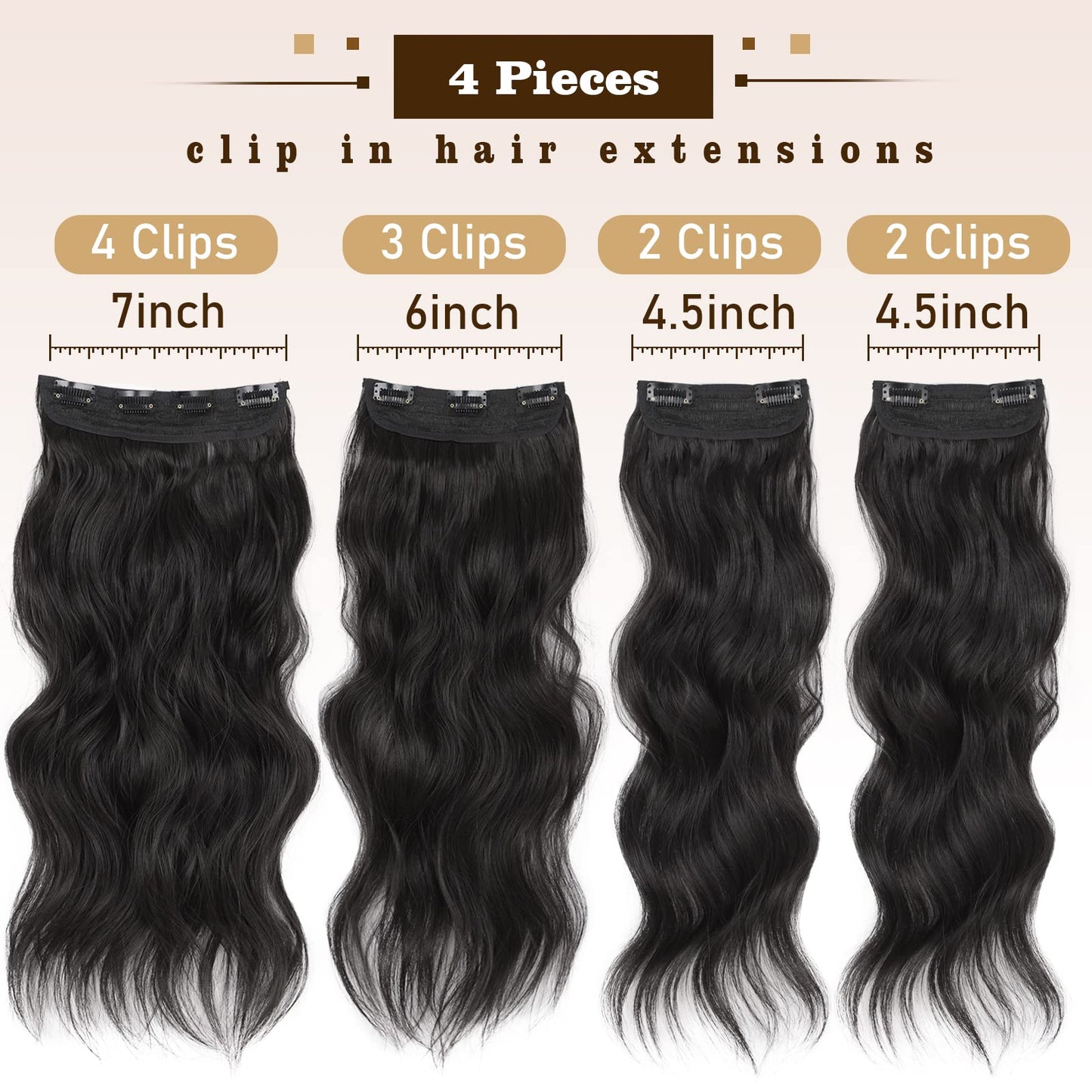 QGZ Natural Black Clip in Hair Extensions for Women 4 PCS Set of Thick, Synthetic Long Wavy Hair Extension 20 Inch