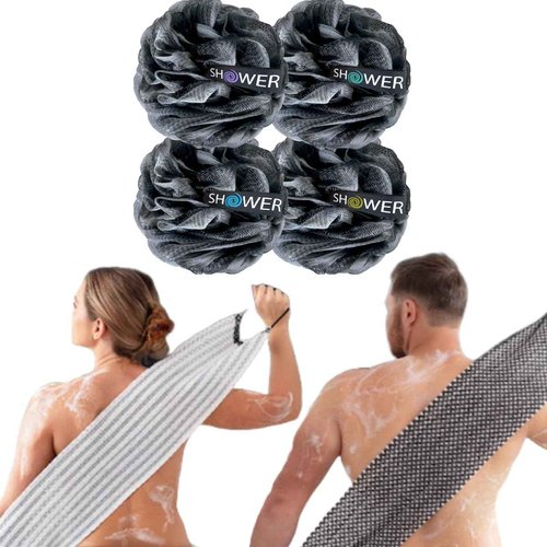 SHOWER BOUQUET Charcoal-Loofah XL 4-Pack & Japanese-Exfoliating-Washcloth 2-Pack for Back & Body // 4 Extra Large Bath Sponges Plus Silver Ion Infused Exfoliating Towel with Handles, 2 Charcoal White