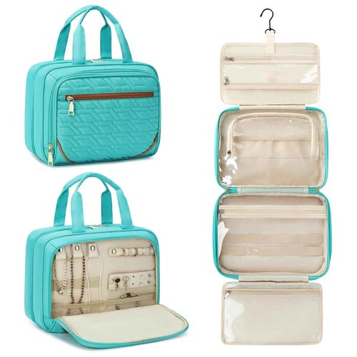 ASKSKY Large Travel Toiletry Bag for Women, Waterproof Hanging Toiletry Bags with Jewelry Organizer, Cosmetic Makeup Bag Organizer, Full-size Container, Travel Essentials Accessories, Shampoo, Green