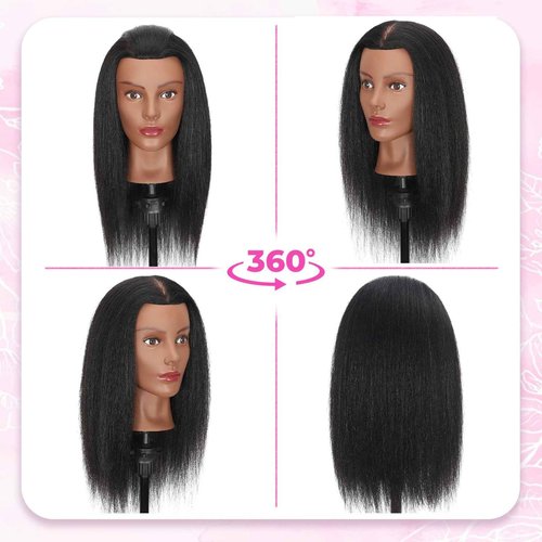 18'' Firstwon Mannequin Head Human Hair with 100% Real Hair Cosmetology Manikin Doll Head for Hair Styling Mannequin Head for Braiding with Table Clamp Stand and Tools(18Inch-Tripod)