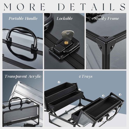 FRENESSA Portable Makeup Case Cosmetics Display Toiletry Organizer Box Transparent Acrylic Artists Train Case with 4 Trays Travel Makeup Tools Storage for Vanity Counter Dresser Organizer Black