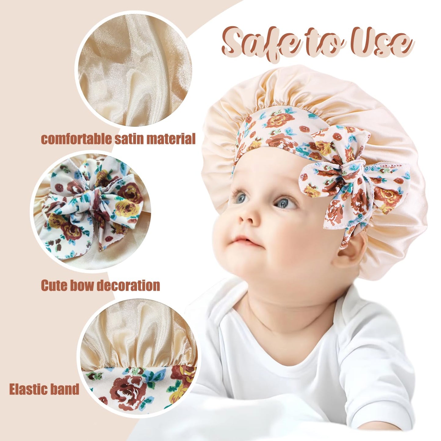 FULDGAENR Kids Silk Satin Baby Bonnets for Toddler Sleep, Baby Hair Bonnet for Hair Infant, Baby Girl Toddler Bonnet with Tie Band, Shower Cap Hair Wrap for Curly Hair Showercap (Gold)