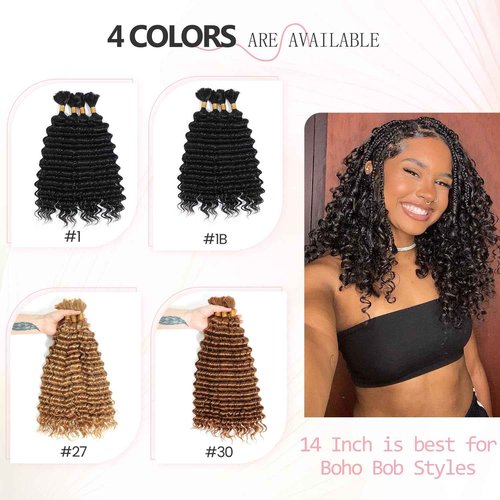 Urbeauty Human Braiding Hair for Boho Bob Braids Deep Wave Bohemian Hair for Braiding,14 in Boho Braids Bulk Human Hair Knotless, Boho Locs, Boho Twist, Gypsy, Goddess, Curly, Micro, No Weft #1B