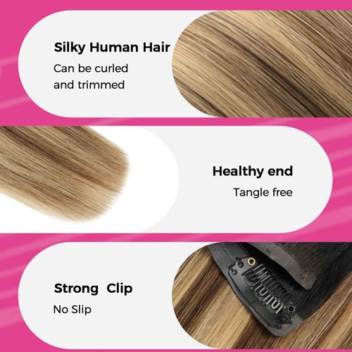 Lashey Ombre Balayage Ash Brown Highlighted Honey Blonde Seamless Clip in Hair Extensions Human Hair with Natural Black Dark Roots 4pcs 48g Highlight Effect Hair Extensions 20 Inch Straight Hair