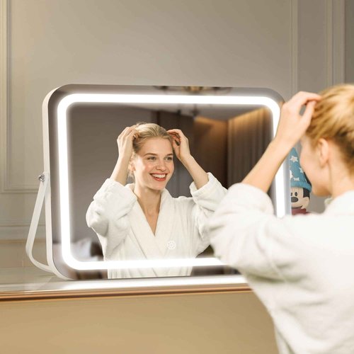 MINISO Vanity Mirror with Lights, 13.8" x 10.6" LED Makeup Mirror, Light & Brightness Adjustment, Smart Sensor, Aluminum Alloy Metal White Frame, with 5X Magnifying Glass