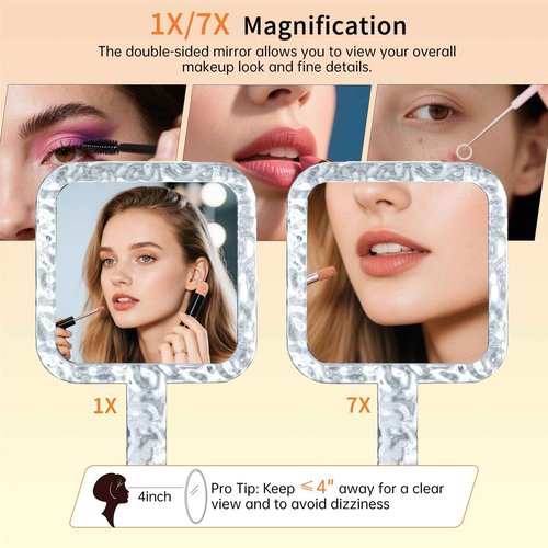 Famihomii Handheld Mirror with 1X/7X Magnification, Dual-Sided Magnification Hand Mirror, Hand Mirror with Handle, 10" x 6.1", Lightweight & Durable, Portable & Hangable for Makeup, Shaving - Clear