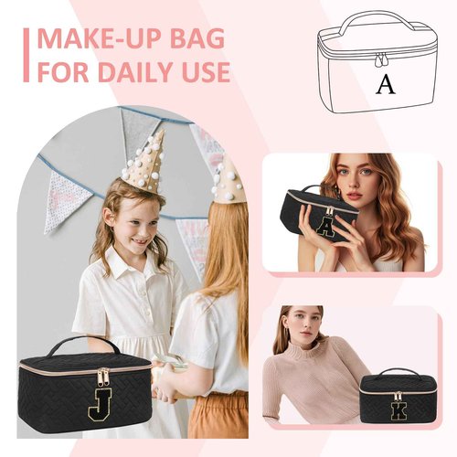 JRQCSJY Gifts Initial Makeup Organizer Bag for Girls, Chenille Letter Personalized Cosmetic Bag with Zipper | Preppy Quilted Portable Makeup Pouch Teen Birthday Gifts (A, Balck)