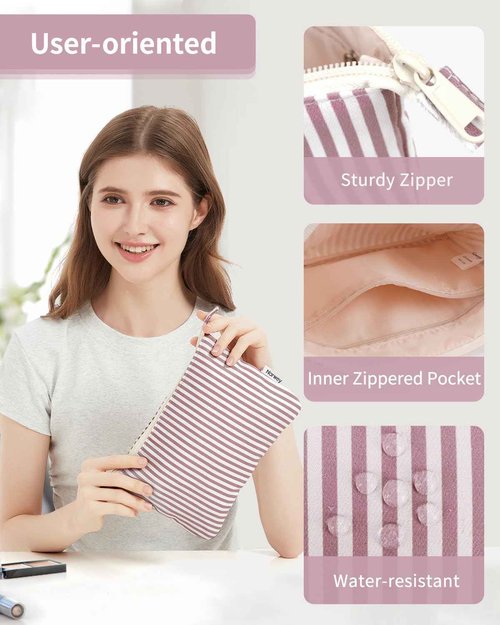 Narwey Small Striped Makeup Bag for Purse Travel Makeup Pouch Cosmetic Bag Zipper Pouch Bags for Women (Dusty Pink Stripe)