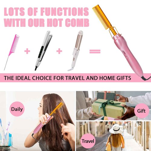 Electric Hot Comb Hair Straightener Heat Pressing Combs Ceramic Curling Flat Iron Curler, Hot Comb Electric for Wigs Electrical Straightening Comb Curling Iron for Natural Hair with Anti-Scald Case