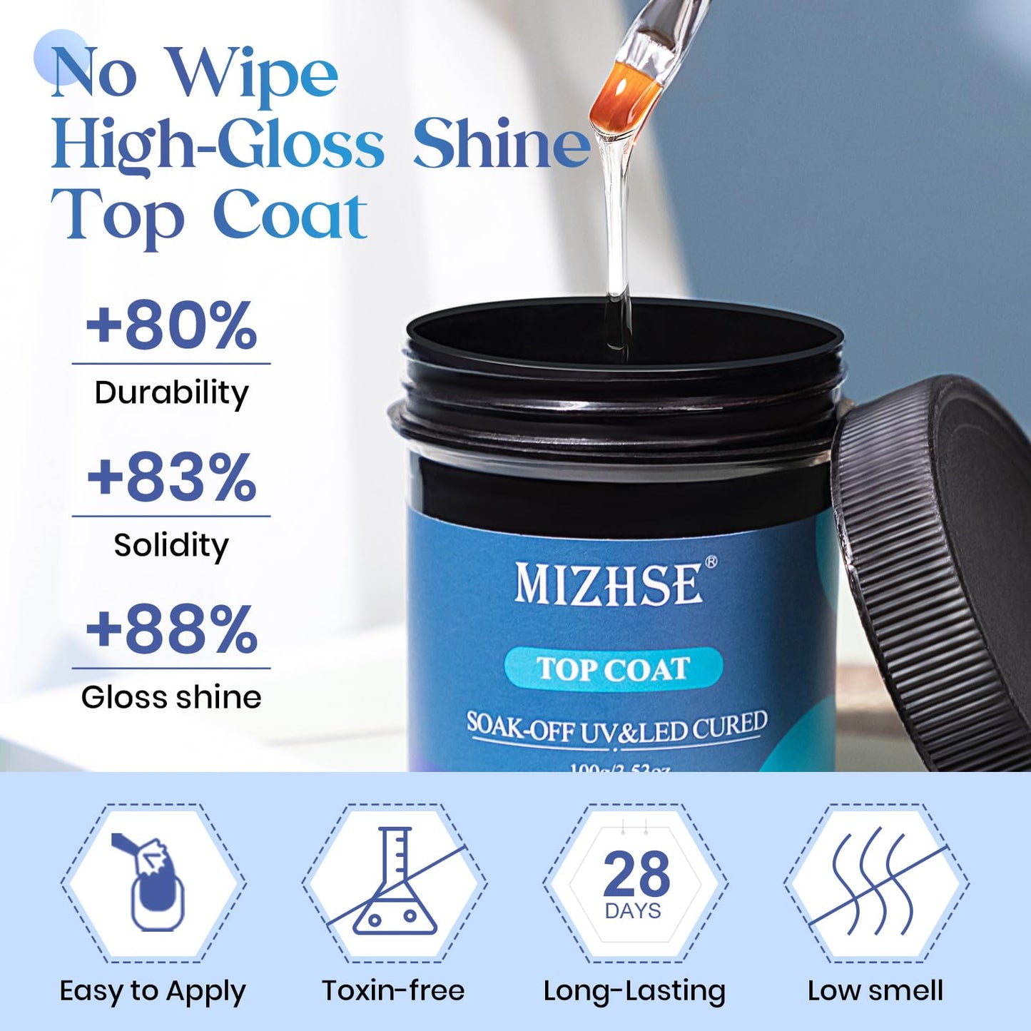 MIZHSE 100ML No Wipe Gel Top Coat - High Gloss Shine Finish Long Lasting Top Coat Nail Polish, Super Large Capacity Soak Off Nail Lamp Polish Finish with Brush & Brush Cleaner Gel, Gift Kit for Women