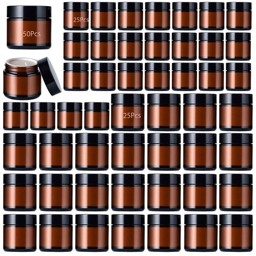 Ytuaebni 50Pcs(25×4oz + 25×2oz)Amber Glass Jars with Glossy Black & White Inner Lid Liners Airtight Small Glass Containers for Spices Candles Ointments DIY Crafts Travel Toiletries (4oz & 2oz Bundle)