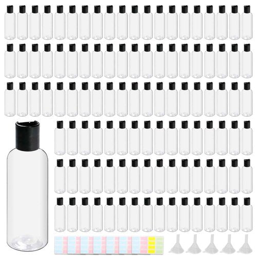 TANEMUDO 108 Pcs 3.4 oz Plastic Bottles Black Toiletries Empty Containers with Leak Proof Flip Cap, Refillable Travel Squeeze Containers for Lotion, Shampoo, Cream, Conditioner