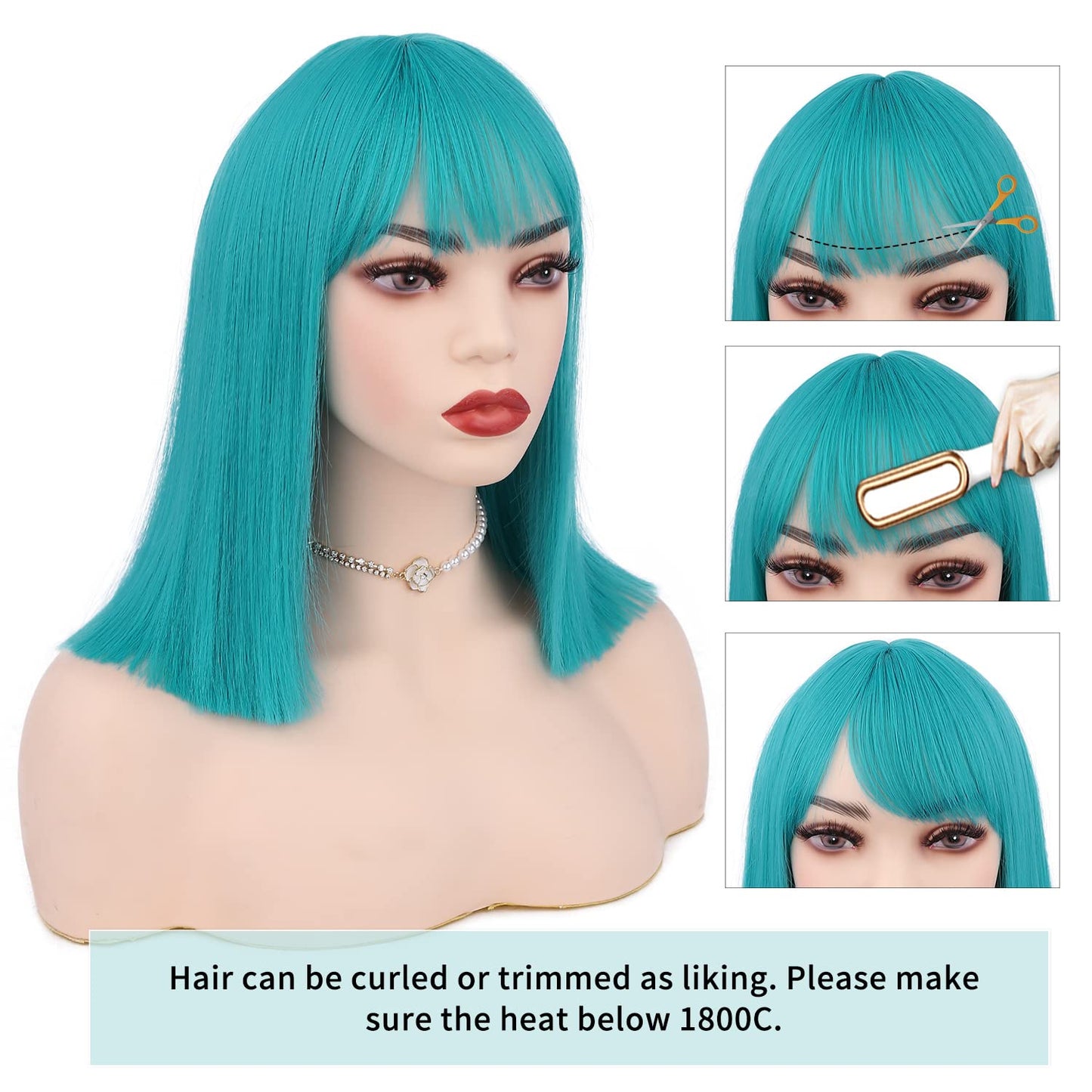 WIGER Teal Blue Bob Wig Bluish Green Short Bob Wigs with Bangs Straight Bob Wig Synthetic Bob Hair No Lace Full Wigs for Women Cosplay or Party