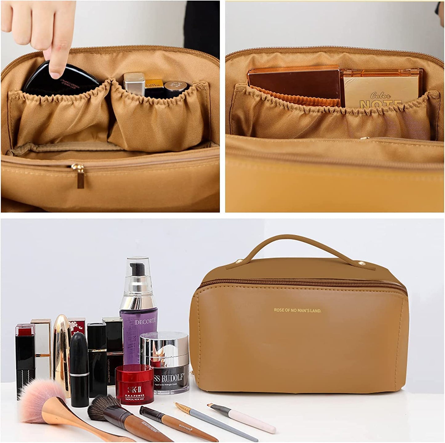 BELCOSD Travel Makeup Bag, Large Capacity Travel Cosmetic Bag for Women - Portable PU Leather Waterproof Makeup Bag, Lay Flat Makeup Organizer Bag with Handle and Divider