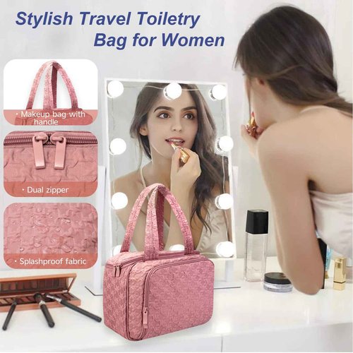 SMONT Toiletry Bag for Traveling Women, 11.5" Large Travel Makeup Toiletries Skincare Bag, Big Cosmetic Cosmetiquera Pink