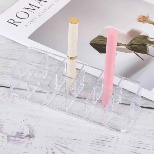 Teqooza 12-Slot Acrylic Lipstick Organizer Case, Transparent Clear Cosmetic Makeup Organizer Display Rack Holder for Lipstick Brushes Bottles Storage, 1 Pack