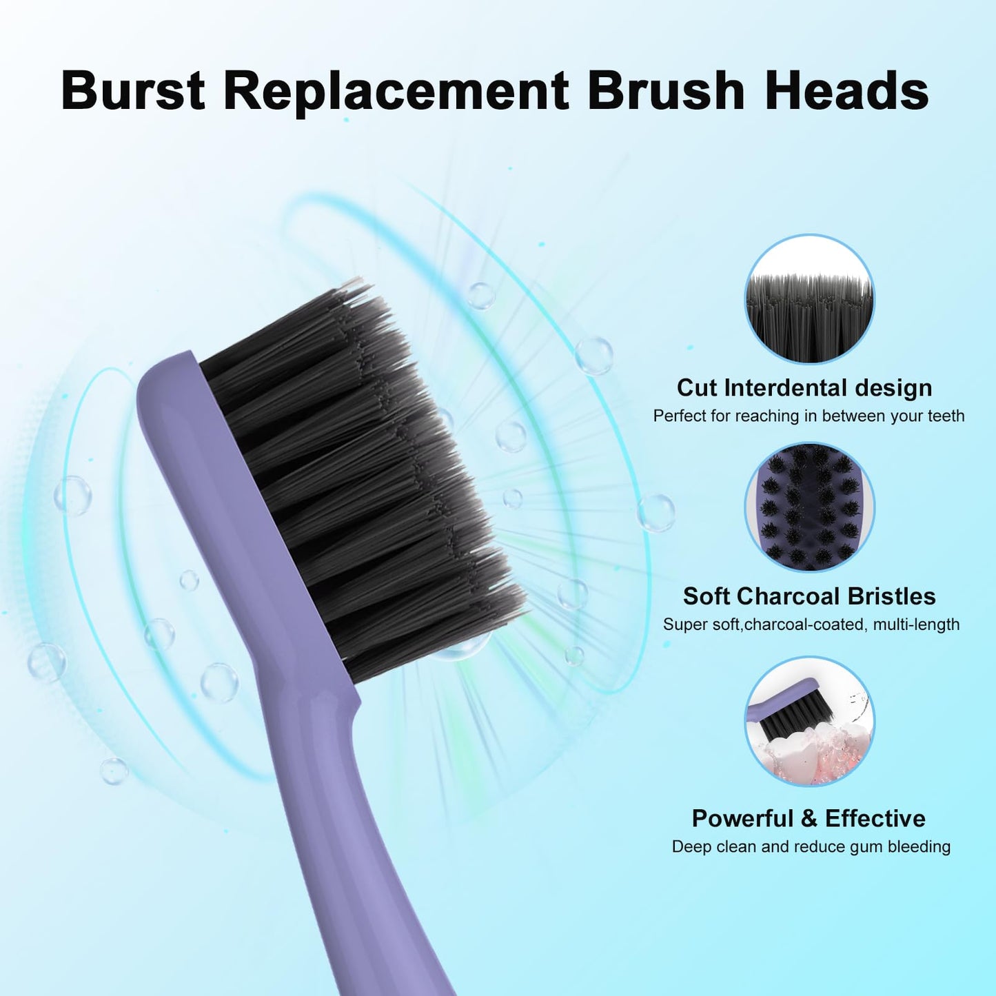 YUNCHI Replacement Toothbrush Heads for Burst Electric Toothbrush Adults with Dust Cover Caps, Soft Charcoal Bristles for Deep Cleaning, Plaque Removal and Whiting Teeth, 5 Count, Lavender