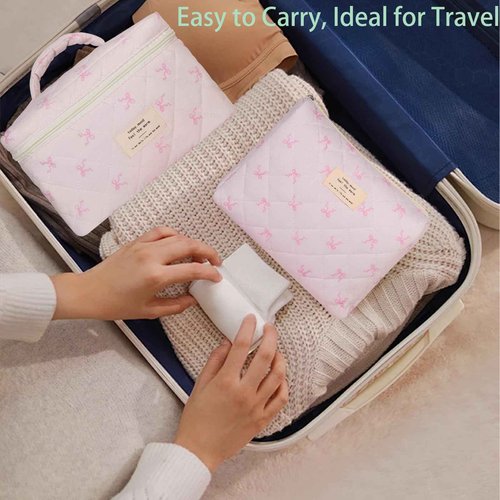 Large Quilted Makeup Bag, Floral Cotton Cosmetic Bag, Coquette Aesthetic Travel Toiletry Bags for Women Girls