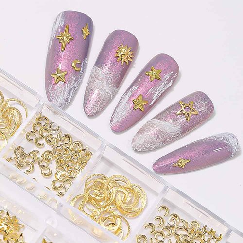 450pcs Sun Moon Stars Gold Nail Charms, 12 Grids/Box Metal Rivets Nail Art Charms 3D Star Charms for Nails Design Alloy Nail Studs Nail Jewelry Starlight Nail Charm Nail Jewels for Nail Art Supplies