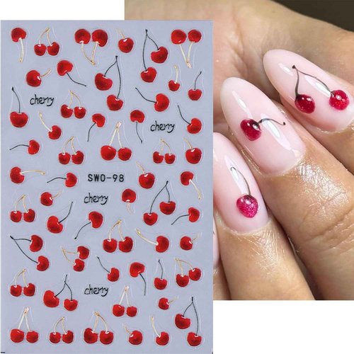 Cherry Nail Stickers Fruit Nail Decals 5D Embossed Fruit Design Sticker 3PCS Self-Adhesive Summer Nail Art Supplies Nail Manicure Accessories Slider Cherry Stickers for Women Nail Art Decorations