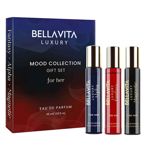 BellaVita Luxury Mood Collection Gift Set (3x15ml) for Women | Pheromone Inspired Technology Long Lasting Fragrance | Includes Alpha, Fantasy & Magnetic Perfumes | Pink Pepper, Benzoin and Jasmine