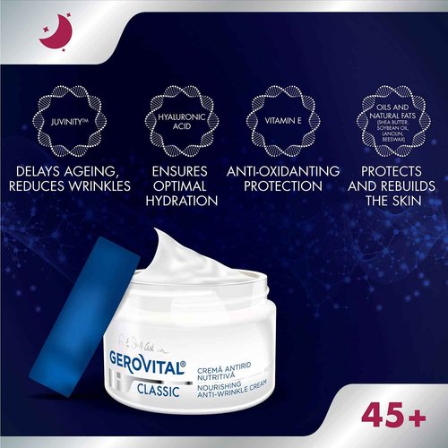 GEROVITAL CLASSIC Nourishing Anti-Wrinkle Night Face Cream with Hyaluronic Acid, Juvinity™ and Vitamin E, Regenerates and Hydrates the Skin, Anti-Aging Face Cream, 50 ml