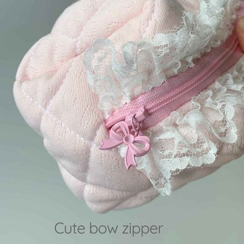 SINOKAME Handmade Pink Cute Quilted Makeup Bag, Lace Coquette Cosmetic Bag Fluffy Soft Reusable Toiletry Pouches Organizer, Reusable Washable Bags for Women Gifts(sweet angel)