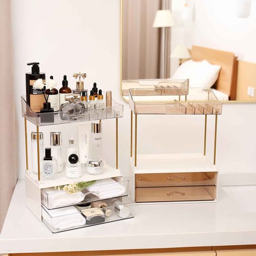Fengligoo Elegant 2-Tier 2-Drawer Bathroom Countertop Organizer, Multi-Purpose Makeup & Skincare Organizer, Champagne Gold