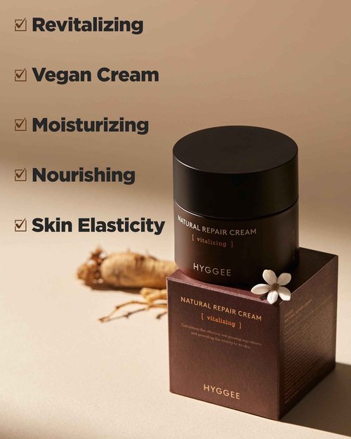HYGGEE Natural Repair Cream - Vegan Red Ginseng & Peptides Nourishing Moisturizer for Enhanced Elasticity and Vitality - Anti Aging, Firming, Hydrating Face Cream for Rough and Dry Skin, 1.69oz.