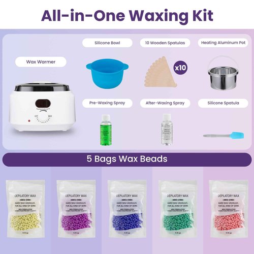 SUNVIVIPRO Wax Warmer Pot with 5 Bag Hard Wax Beads, Wax Kit Digital Hair Removal Waxing Kit for Women & Men, HotWax Melt Warmer Kit for Full Body, Legs, Face, Bikini,Sensitive skin, White