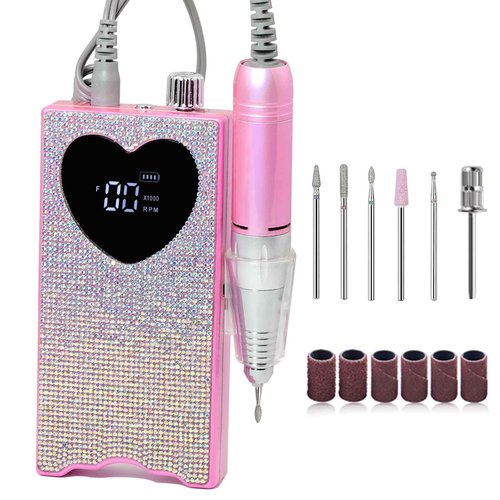 Professional Electric Nail Drill File: YZZSEVEN Rhinestone Portable Cordless 35000 RPM, Rechargeable Nail File for Acrylic Nails Gel Polishing Removing, File Nail Kit for Manicure Salon Home(Pink)