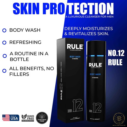 RULE COSMECEUTICALS - No.12 Body Wash, Shower Gel for Men with Shea Butter, Aloe Vera, Chamomile and Coconut Oil for Skin, Cleanse, Hydration, Revitalize & Restore, Perfect for Daily Use, 200 mL