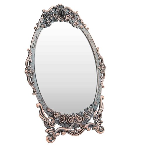 HEEPDD Vintage Rose Embossed Oval Cosmetic Mirror with Stand, Copper, 11x7.9 Inch, for Home Bedroom Bathroom