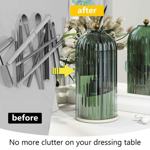 Emljkvp Makeup Brush Holder with Dustproof Cover 360 Rotating Makeup Brush Organizer for Vanity Bathroom, Green