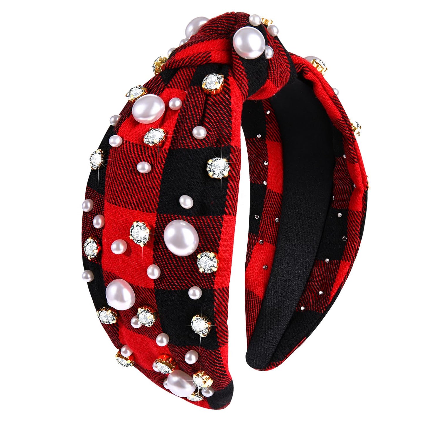 NVENF Christmas Headband for Women Jeweled Xmas Plaid Headband Embellished Crystal Pearl Knotted Headbands Wide Top Knot Holiday Headband Christmas Hair Accessories Holiday Outfits Gifts (Red)